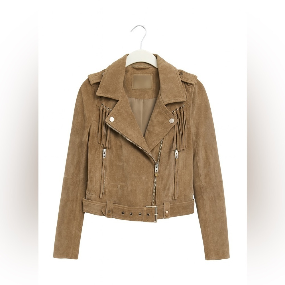 BLANKNYC Suede Leather Green Moto Jacket with Fringe, Size S